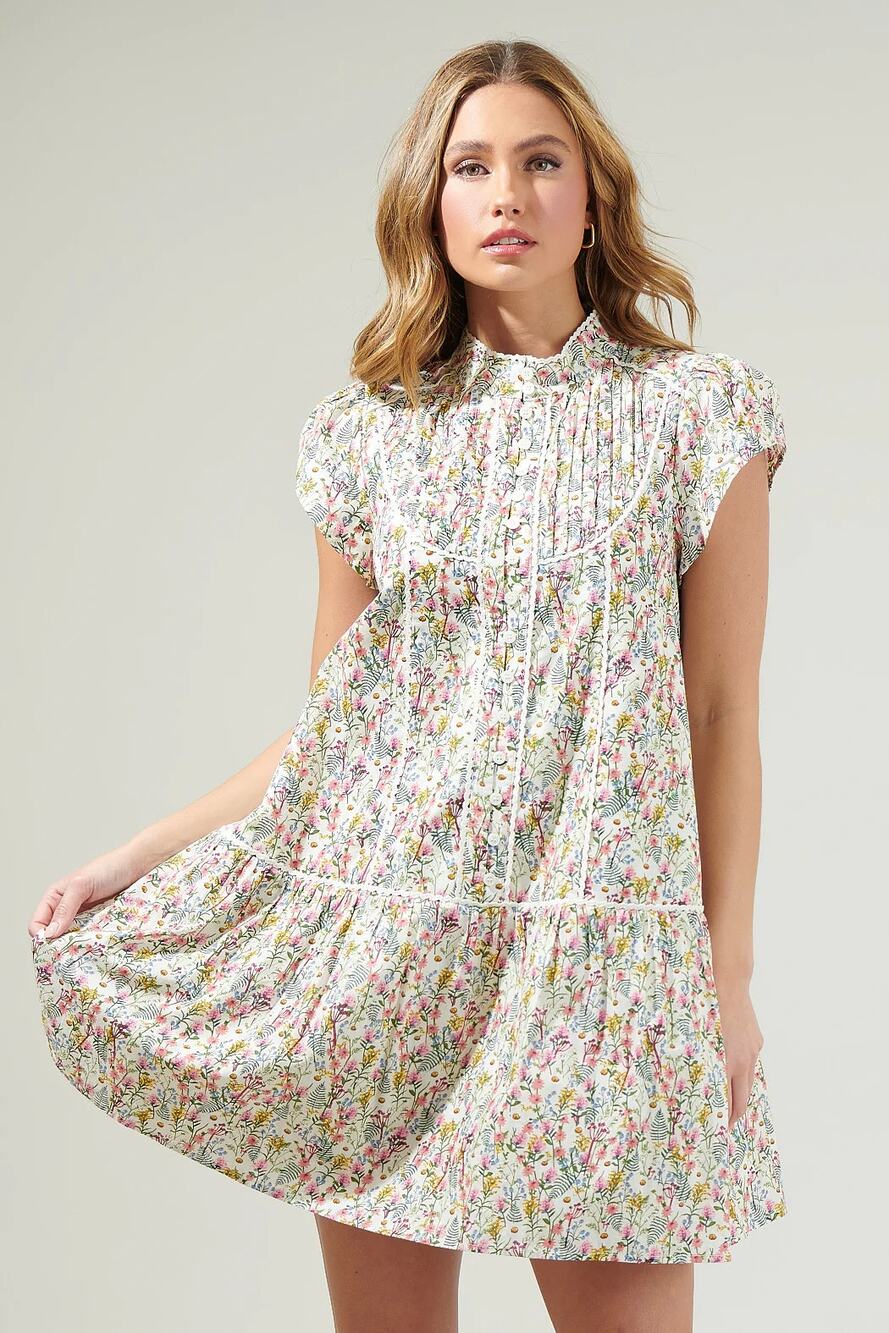Hausen Floral Pleated Mini Dress Size L Mockneck Ivory White Short Sleeve